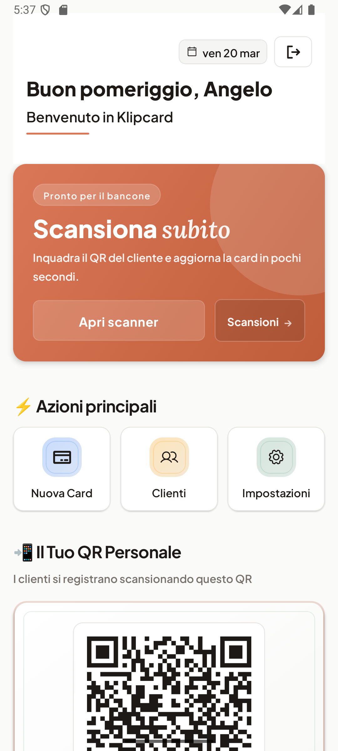 KlipCard — dashboard e scanner
